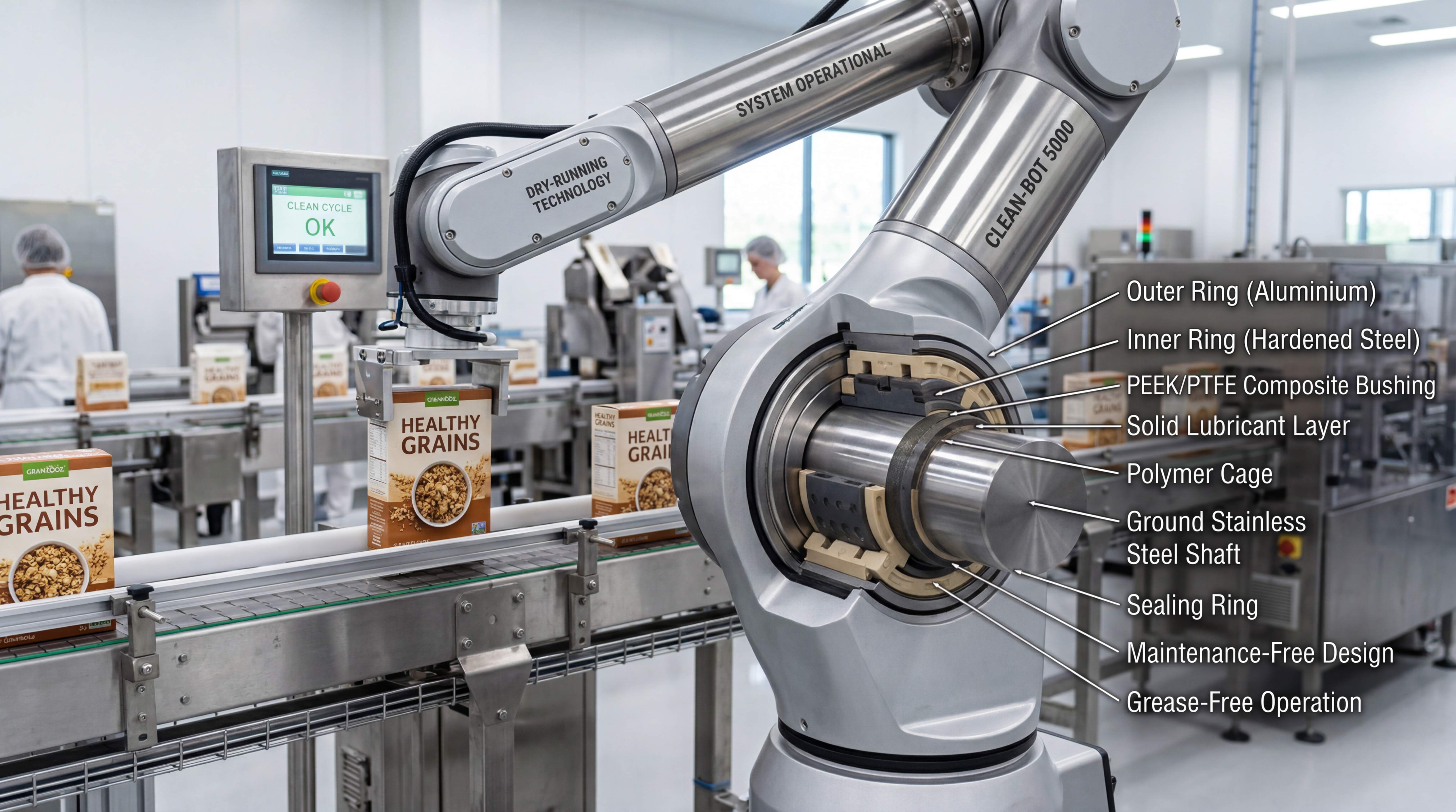 Dry-running polymer plain bearing used in a clean packaging robot with PEEK PTFE composite bushing, grease-free operation, stainless steel shaft, sealing ring, and maintenance-free design